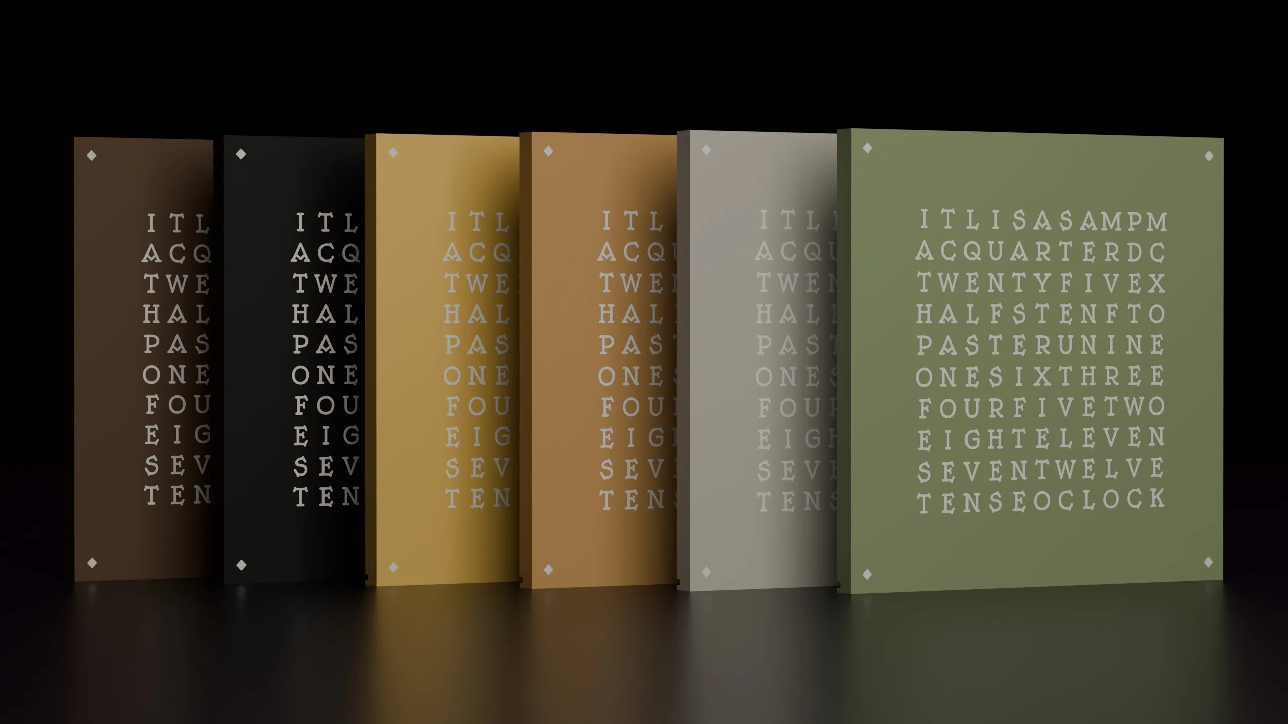 Row of Write Time word clock cases in different colors and finishes