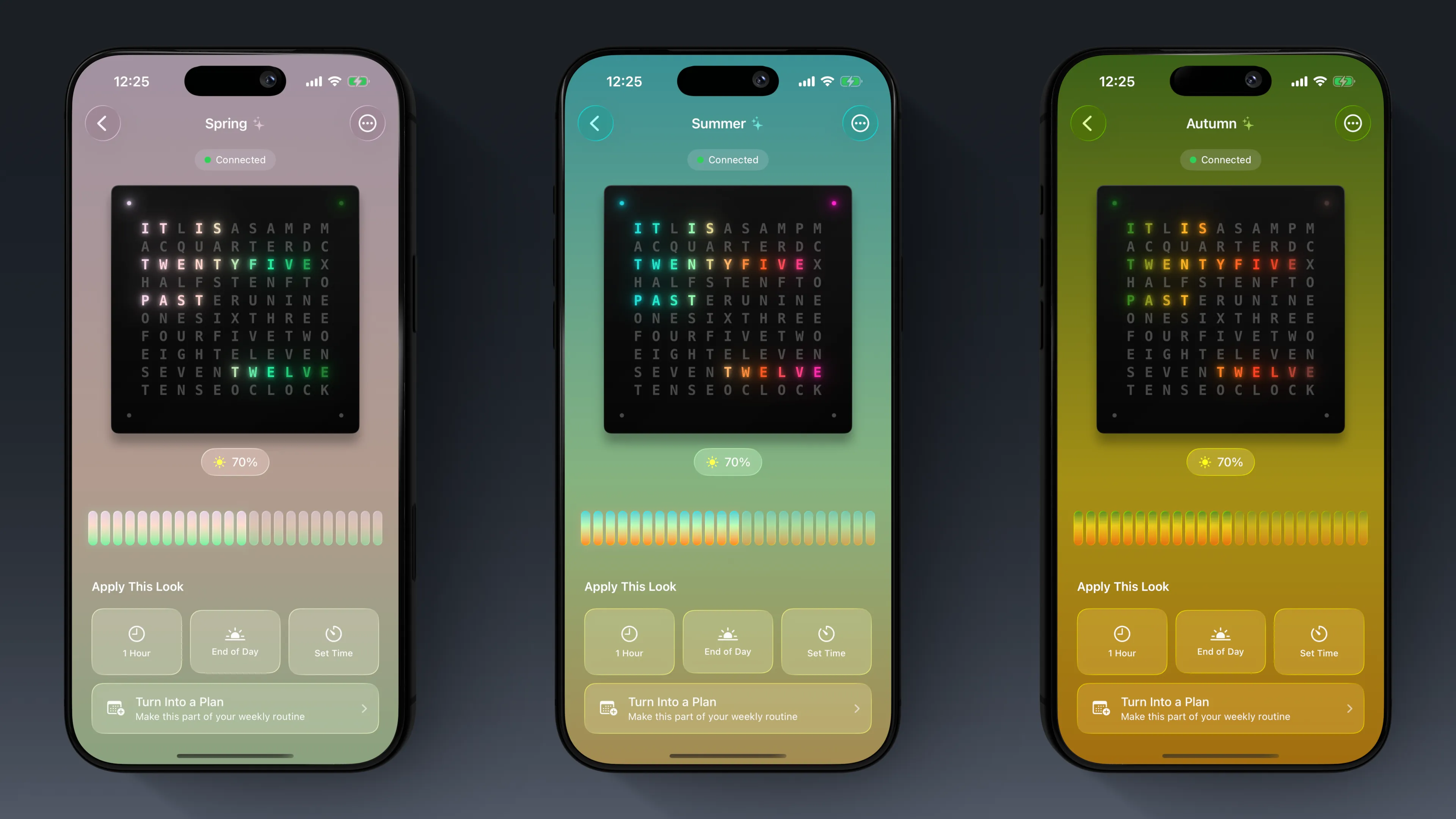 Spring, Summer, and Autumn faces previewing in the app on three phones
